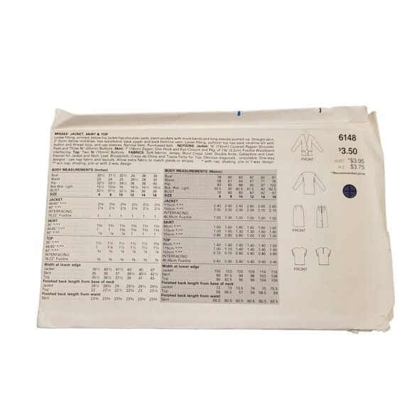 Butterick Misses Jacket Skirt Top 1980s Uncut Sewing Pattern Loose Fit Easy - Picture 3 of 3